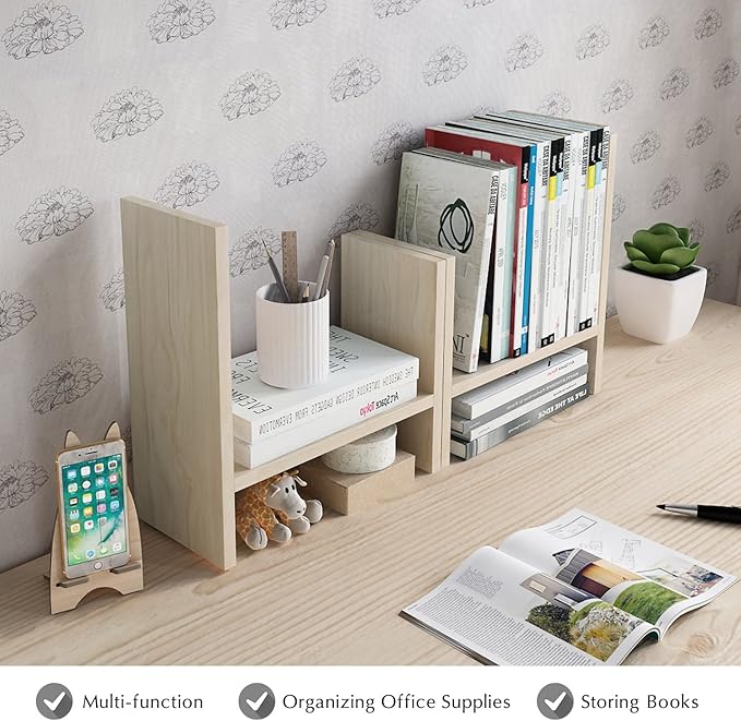 Jerry & Maggie Desktop Organizer Office Storage Rack Adjustable Wood Display Shelf Free Style Double H, Multi-Functional Mini Bookshelf for Desk Natural Stand (White Wood Tone)