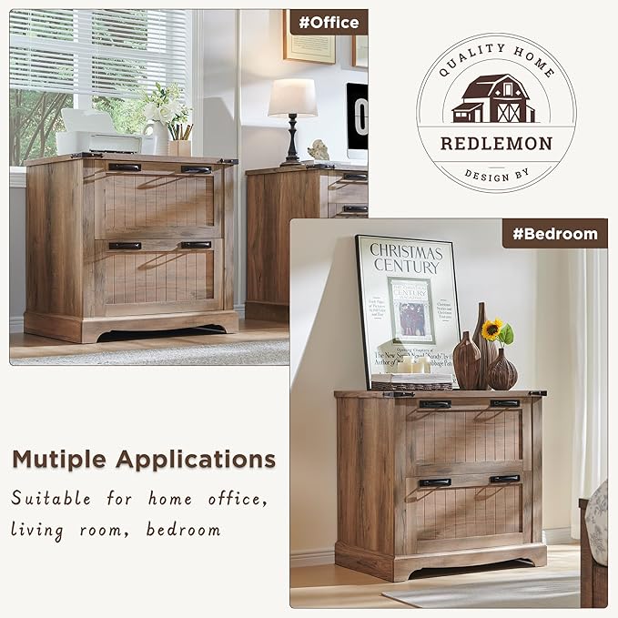 RedLemon Farmhouse Filing Cabinets with 2 Drawers, 30" File Cabinets w/Hanging File Folders for A4/Letter/Legal Size Documents, Office Storage Cabinet for Study Room, Living Room (Rustic Natural Oak)