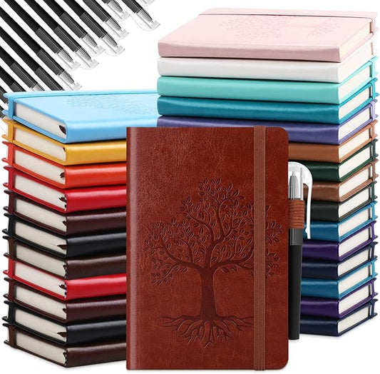 Estune Tree Small Notebooks Pen Leather Lined Pocket Subject Notebooks Hardcover Pocket Notepad Cute Ruled Leather Journals with Pen Holder for Men Women School Business, A6(Stylish Color,30 Set)