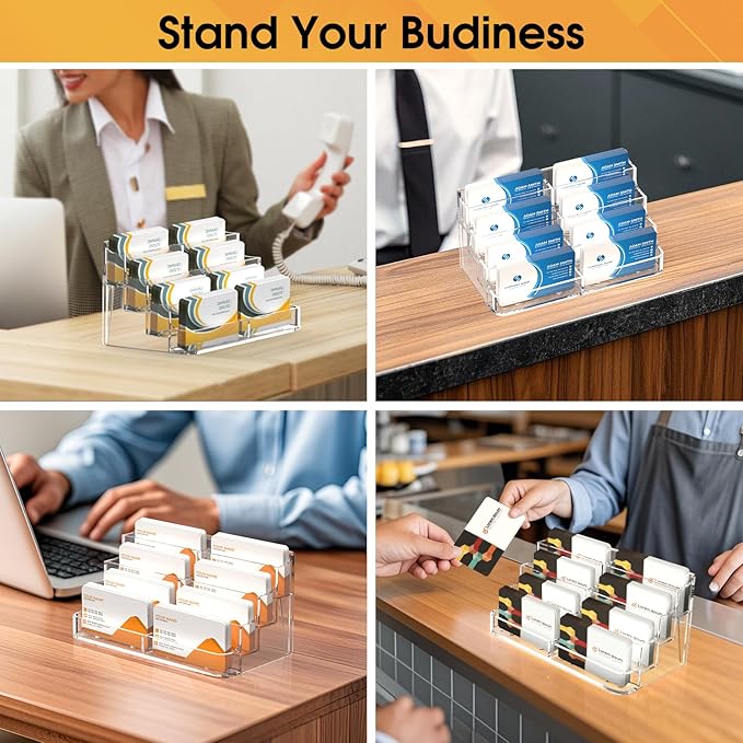 MaxGear Acrylic Business Card Holder for Desk Multiple Business Card Holders, Premium Cards Stand, Clear Plastic Cards Display Holder with 4 Tier for Exhibition, Home and Office, 8 Pocket, 4 Pack