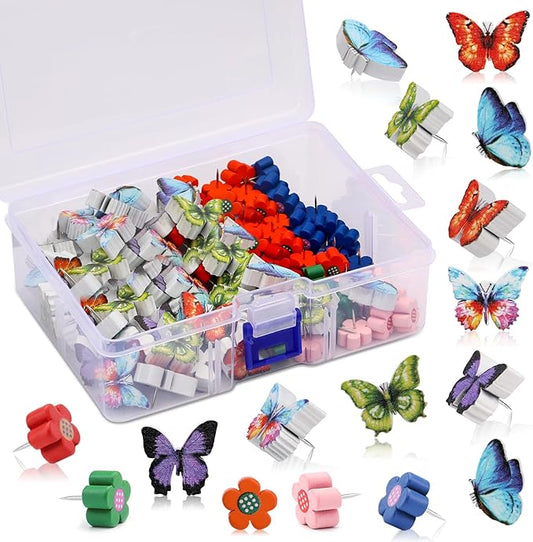 80 Pcs Push Pins for Cork Board, Decorative Thumb Tacks Wooden Push Pins Head Pin Wood Map Tacks Pin, Wood Thumb Tacks for Bulletin Boards Craft Projects with Storage Box-Flower and Butterfly