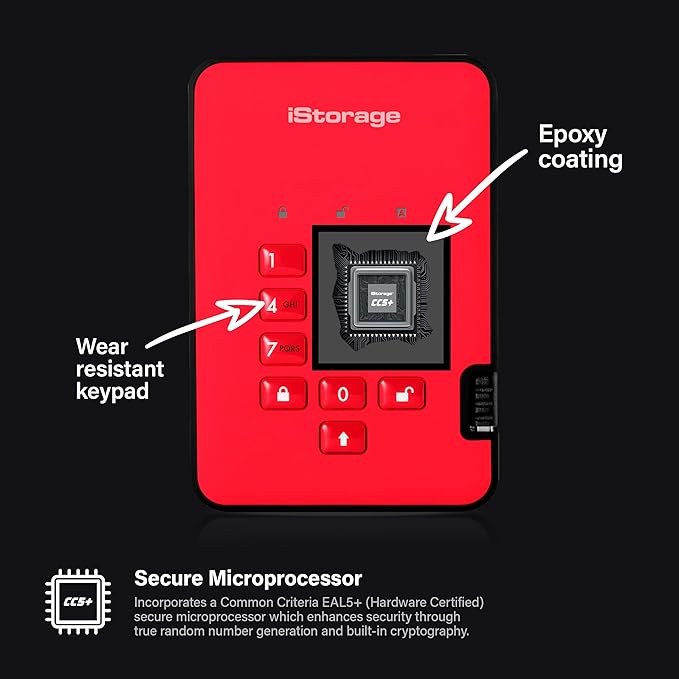 iStorage diskAshur2 HDD 4TB Red | Secure portable hard drive | Password protected | Dust & water resistant | Hardware Encryption