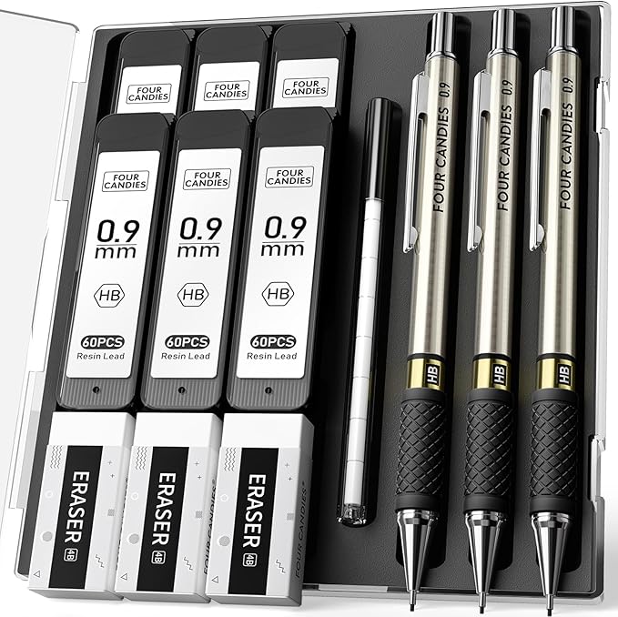 Four Candies Metal Mechanical Pencil Set - 3PCS 0.9mm Art Mechanical Pencils & 360PCS HB Lead Refills & 3PCS Erasers & 9PCS Eraser Refills, Drawing Mechanical Pencils for Writing, Sketching/With Case