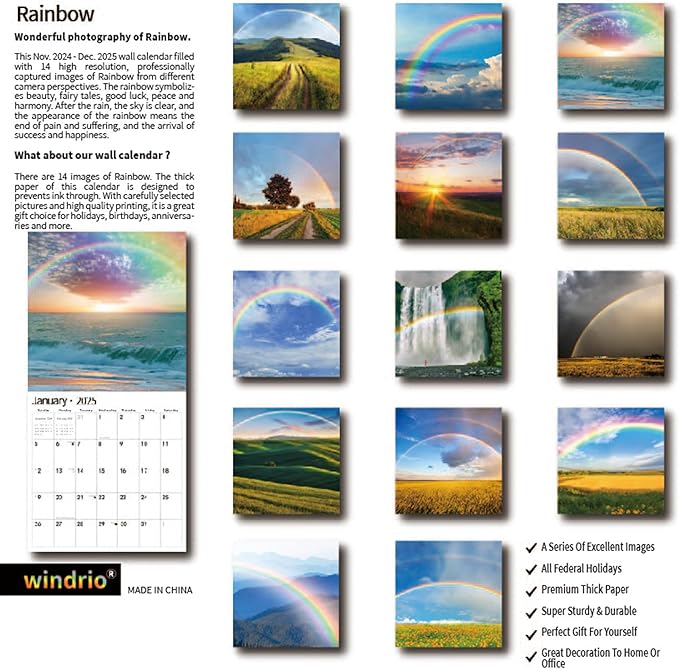 2025 Wall Calendar,Calendar 2025, January 2025 - December 2025, Wall Calendar Rainbow, 12" x 24" Opened,Full Page Months Thick & Sturdy Paper for Calendar Organizing & Planning