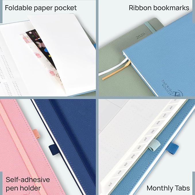 POPRUN Weekly Planner 2026 Calendar (Medium 6.75" x 8.75") 12 Months Notebook with Horizontal Layout, Leather Hardcover, Inner Pocket, 100GSM Thick Paper, Pen Holder - Aquamarine