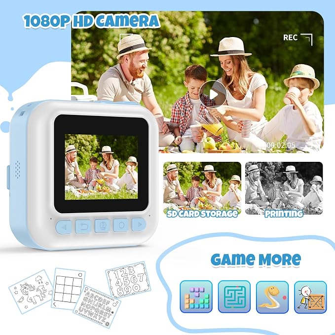 Kid Camera for Boys, Portable Toddler Blue Printing Camera Toy 1080P Video - Image 3
