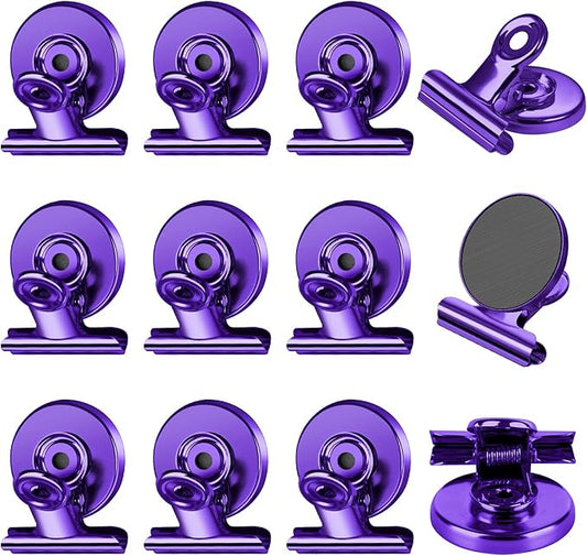FINDMAG 12 Pack Magnetic Clips for Photo Display and Picture Hanging, Strong Fridge Magnets, Scratch-Free Heavy Duty Magnet Clips for Whiteboard, Kitchen, Office, School, Purple, 30mm Wide.