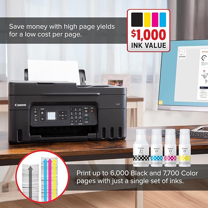 Canon Megatank G4270 All-in-One Wireless Supertank Printer |Print, Copy, Scan and Fax|with Airprint and Mopria Printing|Auto Document Feeder and Backlight 1.35" Square LCD Screen