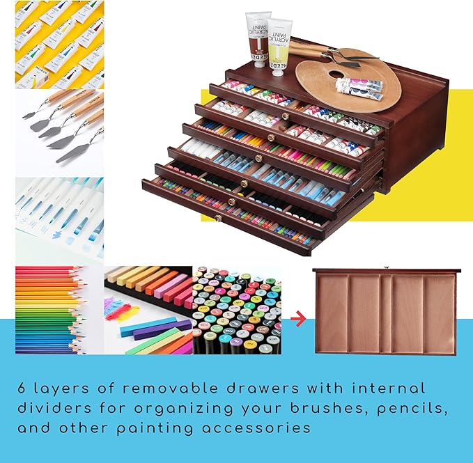 MEEDEN 6-Drawer Wood Artist Supply Storage Box, Portable Beechwood Multifunctional Pencil Brush Organizer Wood Box with Drawer&Compartments for Pastels, Pencils, Pens, Makeup Brushes(Mahogany Color)