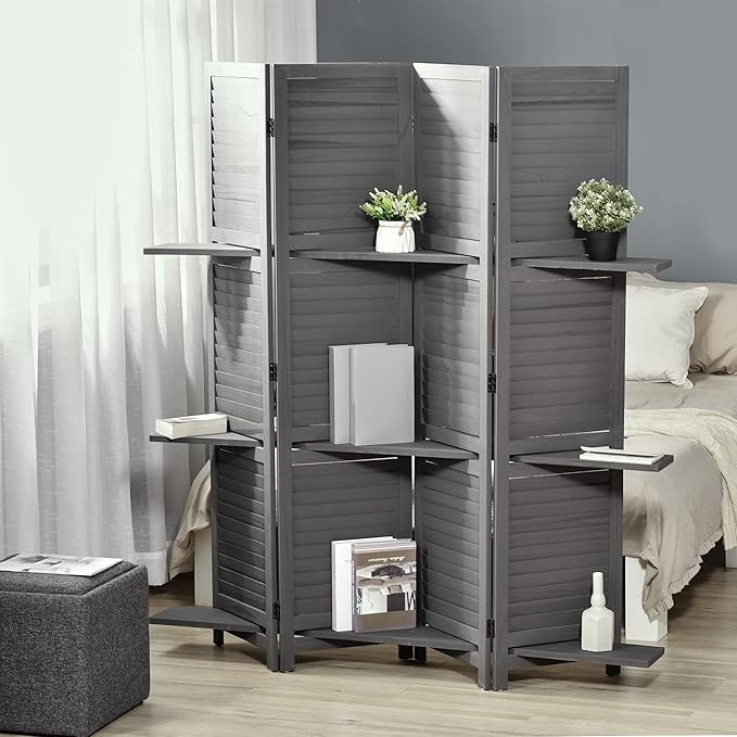 NicBex Room Divider 4 Panel Room Dividers with Storage Shelves Partition Room Dividers and Folding Privacy Screens 5.6 FT Wall Divider for Home, Office, Room Separation,63.75"W x 0.75"D x 67"H, Gray