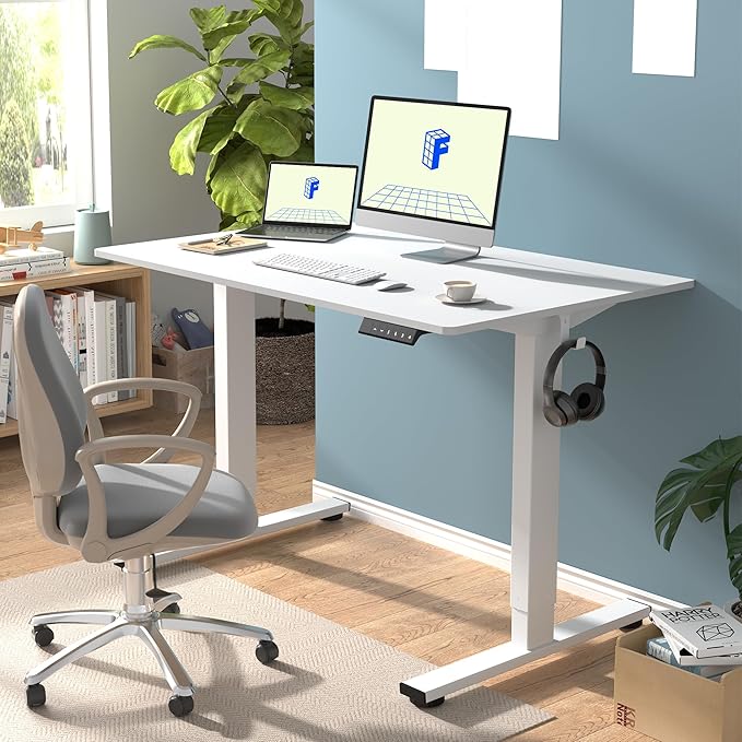 FLEXISPOT EN1 One-Piece Standing Desk 48 x 30 Inch Desktop Adjustable Height Electric Desk for Home Office and Computer Workstation (White Frame + White Top, 2 Packages)