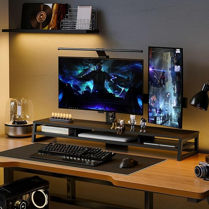 Fenge Dual Monitor Stand for Desk, 42.5in Large Monitor Riser for 2 Monitors, 2 Tier Computer Office Desk Top Shelf, Desktop Storage Stand for Laptop, PC, Computer, Printer