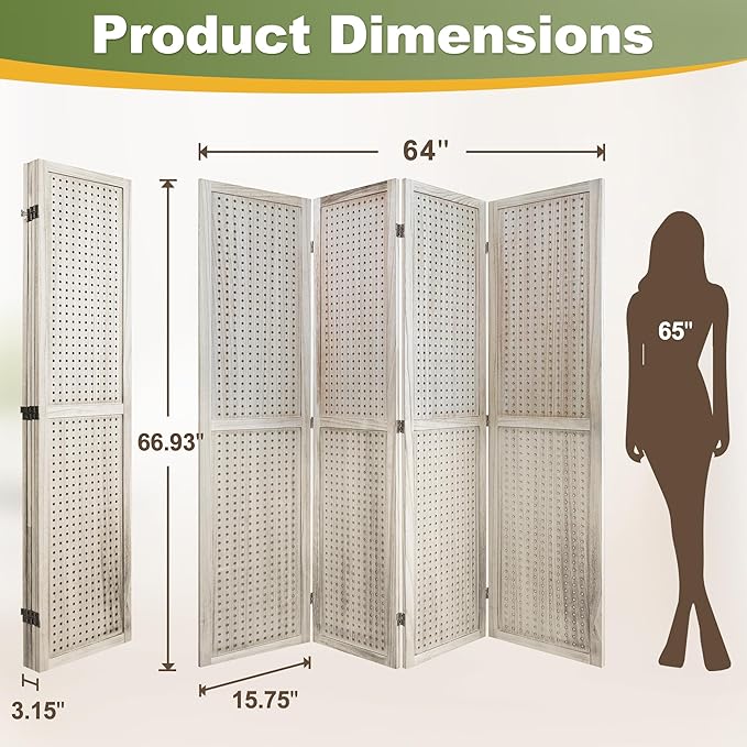 NicBex 4 Panel Pegboard Display,5.6FT Wood PegBoard Room Dividers,Folding Privacy Screens Portable Freestanding Display Board for Craft/Art Shows,Room Separation,Natural Wood
