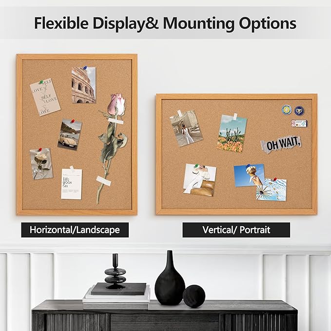 Board2by Cork Board Bulletin Board 18" x 24", Wood Framed Corkboards for Wall Decor, Hanging Office Message Board, Large Wall Mounted Notice Pin Board with 15 Push Pins for School, Home & Office