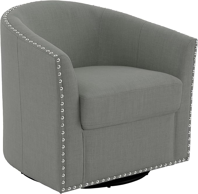 UIXE 360° Swivel Barrel Accent Chair, Modern Upholstered Arm Chair Round Club Armchair, Nailhead Trim Single Sofa Seating in Fabric for Living Room - Light Gray