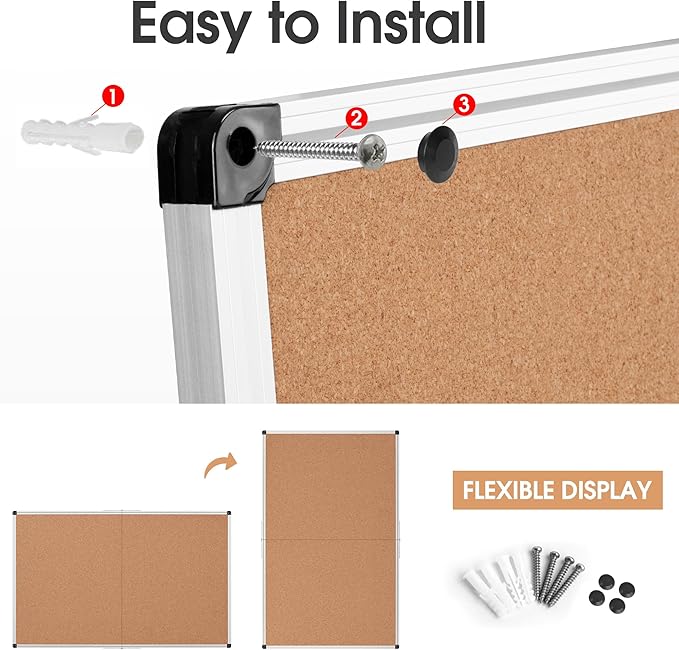 Board2by Cork Board Bulletin Board 36 x 48, Silver Aluminium Framed 4x3 Corkboard, Foldable Office Board for Wall, Large Wall Mounted Notice Pin Board with 36 Push Pins for School, Home & Office