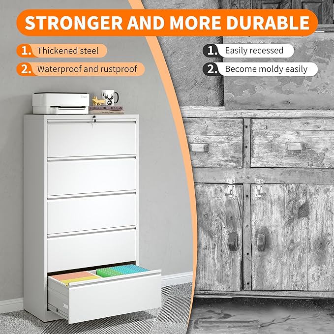 Locking Filing Cabinet with 5 Drawer Heavy Duty Large Metal File Cabinet Home Office Lateral File Cabinets Wide Steel Cabinet for Legal/Letter Size File,Assembly Required