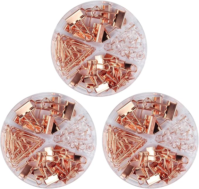 Paper Clips and Binder Clips Set, 3 Pack, 216 pcs, Metal Assorted Sized Binders with Push Pins, Cute Rose Gold Office Supplies for Desk, Desk Accessories