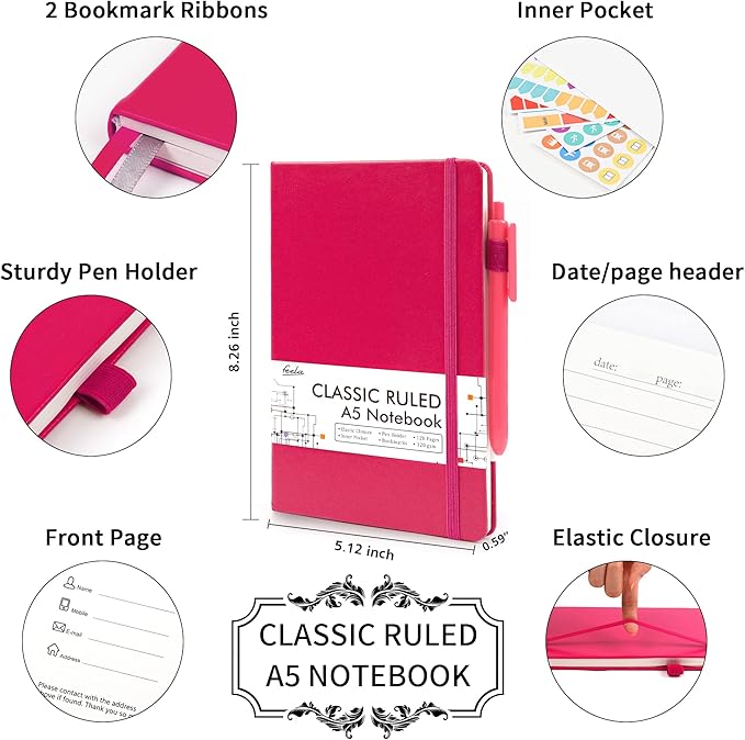 feela 24 Pack Journal Notebook for Work, Business Notebook Bulk Hardcover Lined Writing Journal with Pen Holder for Men Women Note Taking, with 24 Black Pens, 120 GSM, 5.1”x8.3”, A5, Berry