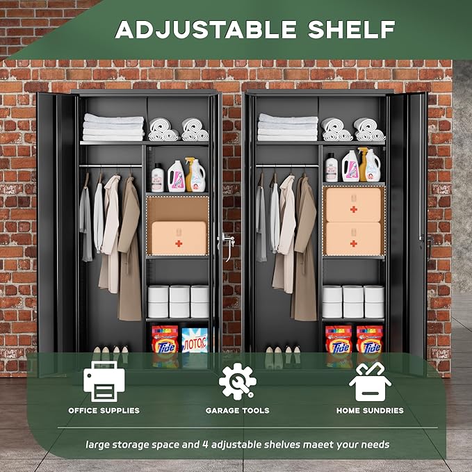 Greenvelly Metal Wardrobe Cabinet with Locking Doors, 72"H Black Metal Wardrobe Closet with Hanging Rods and Adjustable Shelves, Clothing Storage Closet for Home, Office, Employee, Gym (18" D x 36” W)