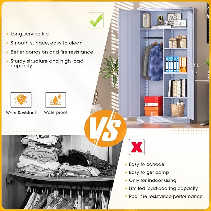 Greenvelly Metal Storage Wardrobe Cabinet with Lock, 72" Dark Grey Metal Wardrobe Closet for Hanging Clothes with Doors and Shelves, Modern Clothes Closet for Home, Office and Bedroom, School,Gym