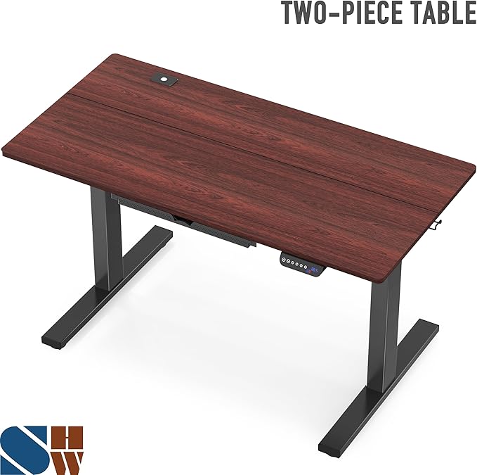 SHW 55 x 28 Inches Electric Height Adjustable Standing Desk with Drawer and Memory Preset, Cherry