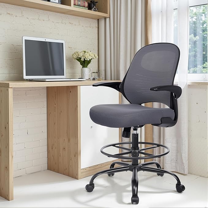 HYLONE Tall Drafting Chair Standing Desk Chair with Flip-Up Armrests, Adjustable Height Ergonomic Office Chair with Footrest Ring - High Stool Chair for Standing Desk (Dark Grey)
