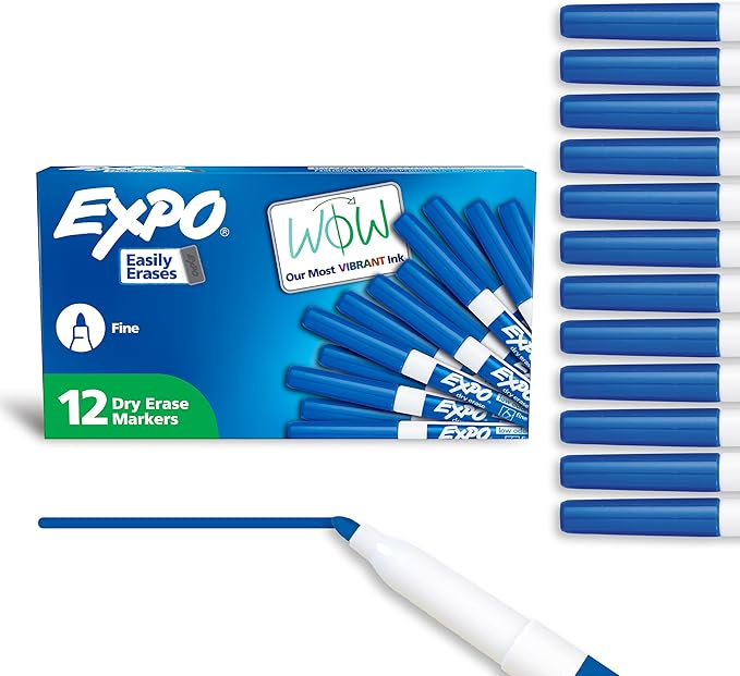 EXPO Dry Erase Markers, Low Odor Ink, Blue, Fine Tip, 12 Count