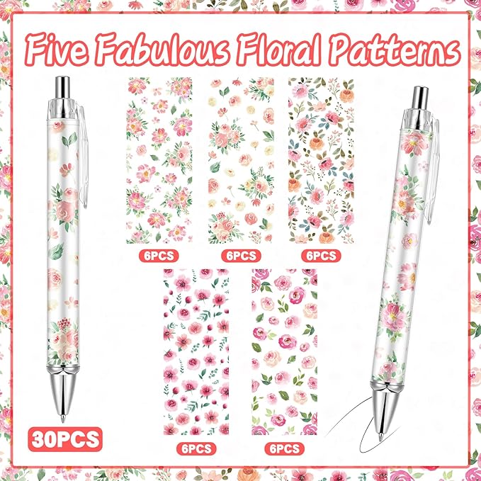 30 PCS Pink Floral Pens Flower Ballpoint Pens 0.5 mm Rollerball Tip Cute Fashionable Retractable Ballpoint Pen for Office Supplies Black Ink, Medium Point (Pink Flower, 30)