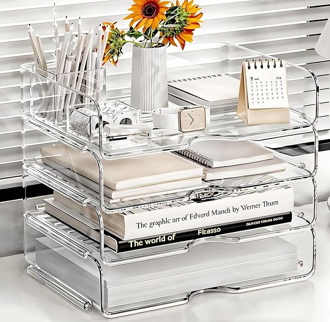 Large Capacity Desk Organizer, 4 Tier Paper Organizer, File Organizer for Desk, Stackable Paper Tray for Office, Home and School