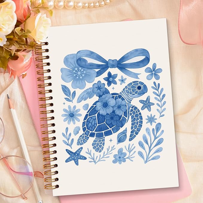 JXREQ Cute Blue Bow Sea Turtle Notebook Floral Journal Notebook for Women Note Taking Office School Supplise, Sea Turtle Gifts Journal for Women Turtles Lovers, Blue Spiral Notebooks 5.5x8.3