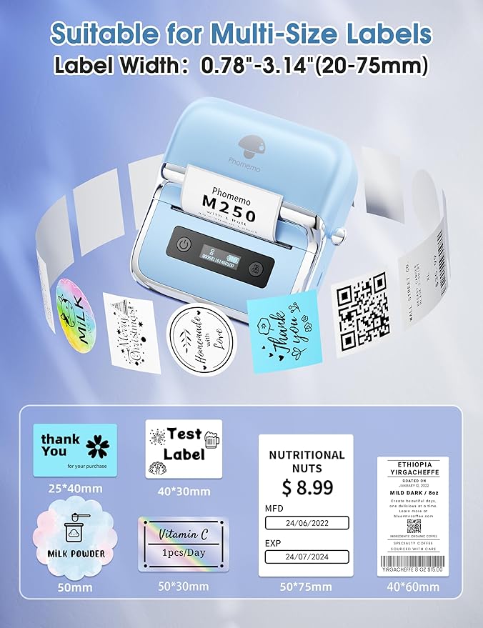 Phomemo M250 Label Maker, 3" Thermal Barcode & Address Printer - Portable Label Maker for Business, Home & Logos, Sticker Printer Compatible with Phones & PCs, with 100 Labels, 40x30mm