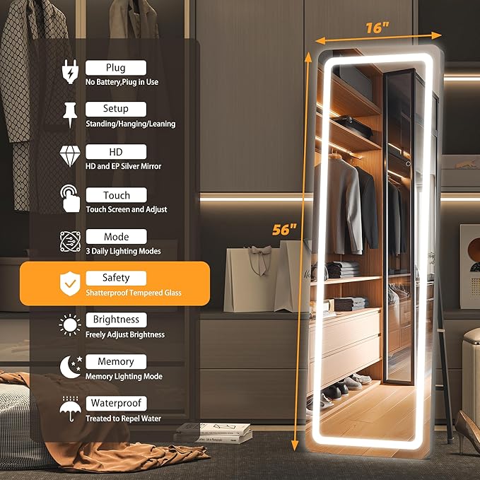 Hasipu Full Length Mirror with Lights, 56" x 16" LED Floor & Wall Mounted, Full Body Dressing Mirror for Bedroom, Living Room, Cloakroom – Round Black