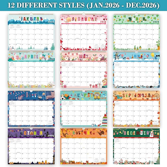 2026 Calendar - 2026 Wall Calendar, Jan. 2026 - Dec. 2026, 14.6'' x 11.4", 12 Months Hanging Monthly Calendar 2026, Holidays, Large Block, Twin-Wire Binding- 12 Different Themes