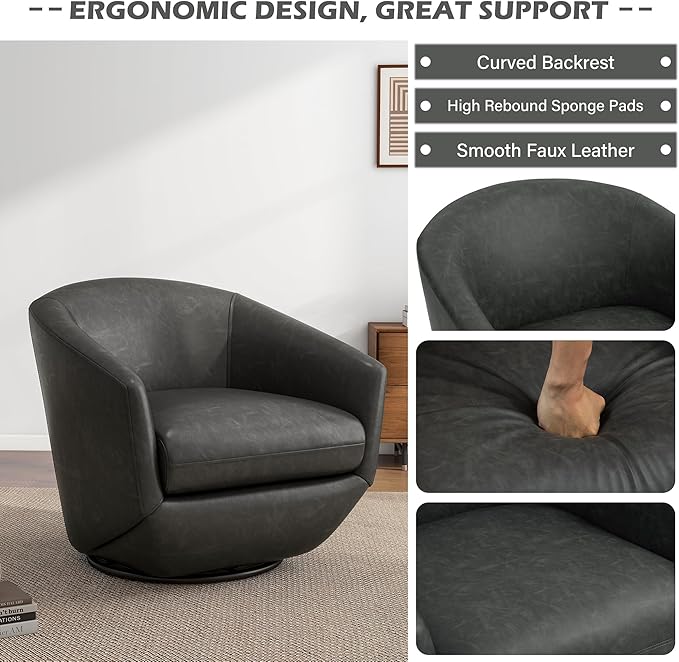 UIXE 360° Swivel Barrel Accent Chair, PU Leather Upholstered Club Armchair for Living Room, Modern Round Arm Chair Single Sofa Bedroom Reading Seating (Black)