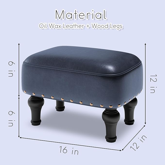 Ottoman Leather Foot Rest with Thicker Foam Padded Seat, Footstool with Wooden Legs (Blue)