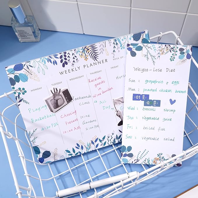 Weekly Planner Notepad Tear Off Set of 2 Weekly Calendar Pad 52 Undated To Do List Notepad Sheets Desk Planner Planning Pads Productivity Tracker for Work Goals Notes Schedule Ideas, Floral Blue