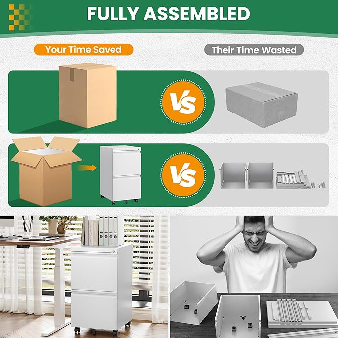 Mobile File Cabinet with Lock, 2 Drawer Under Desk Filing Cabinet with Wheels for Legal/Letter/A4 (Fully Assembled,White)