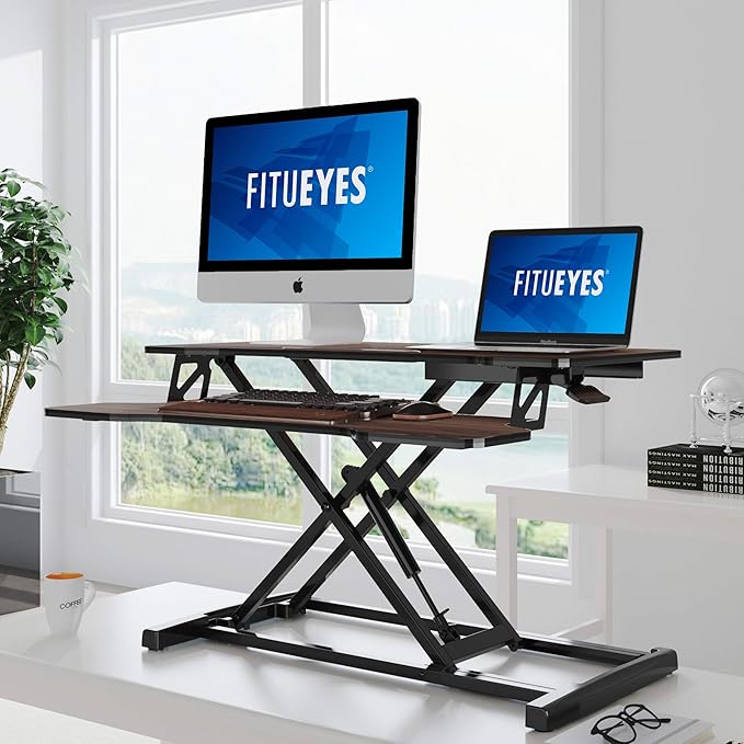 FITUEYES Height Adjustable Standing Desk 32” Wide Sit to Stand Converter Stand Up Desk Tabletop Workstation for Laptops Dual Monitor Riser Brown SD308002WE