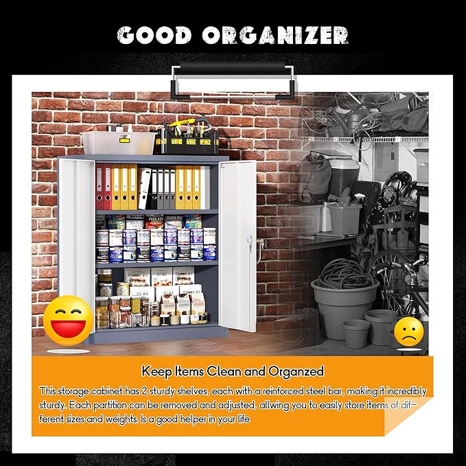 Greenvelly Metal Garage Storage Cabinet, Lockable Metal Cabinets with 2 Doors and Shelves,36”Steel Storage Locking Counter Cabinet for Office,Garage,Kitchen,Home,School(Grey White)