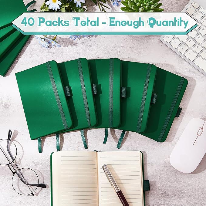 40 Pieces Small Notebooks A6 Pocket Journals 3.5 x 5.5 Inch Small Leather Notebook Mini Ruled Lined Journal with Elastic Band Pen Holder Page Marker Ribbons (Green)