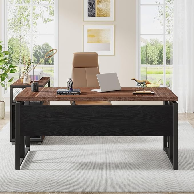 Tribesigns Office Desk with Drawers Sets, 63 inches L Shaped Computer Desk with Mobile File Cabinet,Big Executive Desk for Home Office Furniture Sets (Dark Brown, 63-inch)