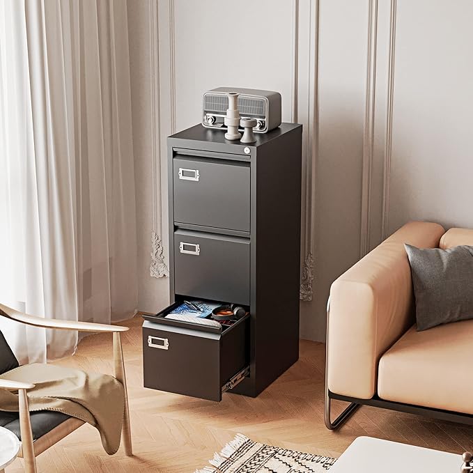 Vertical File Cabinets - 3 Drawers 17.8" Deep Lockable Filing Cabinet - Metal Storage Cabinets for Home Office to Hanging Files Letter/Legal/F4/A4 Size