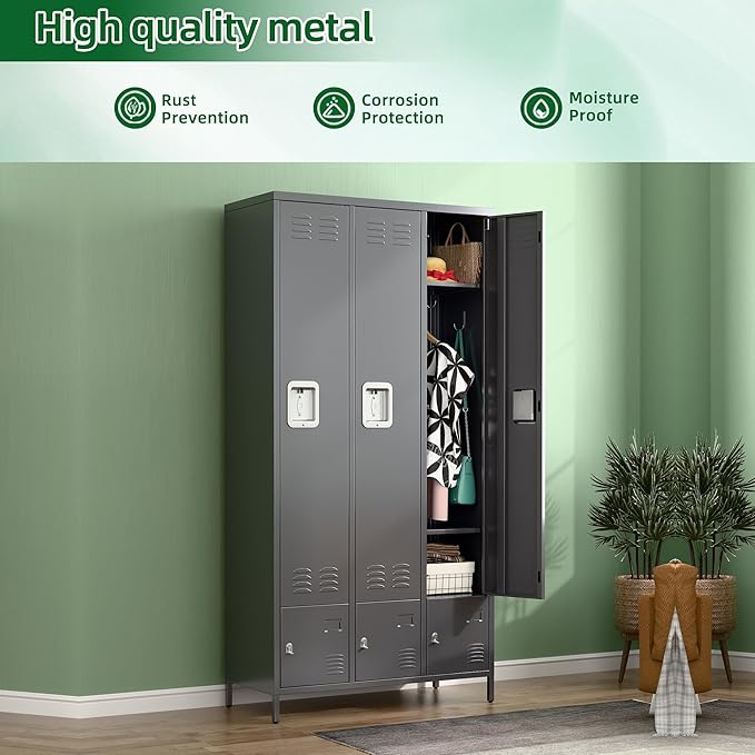 Metal Storage Locker with 3 Big Doors & 3 Small Doors, Lockers for Employees with Hooks for School Garage Office Gym Bedroom,Assembly Required,Dark Grey