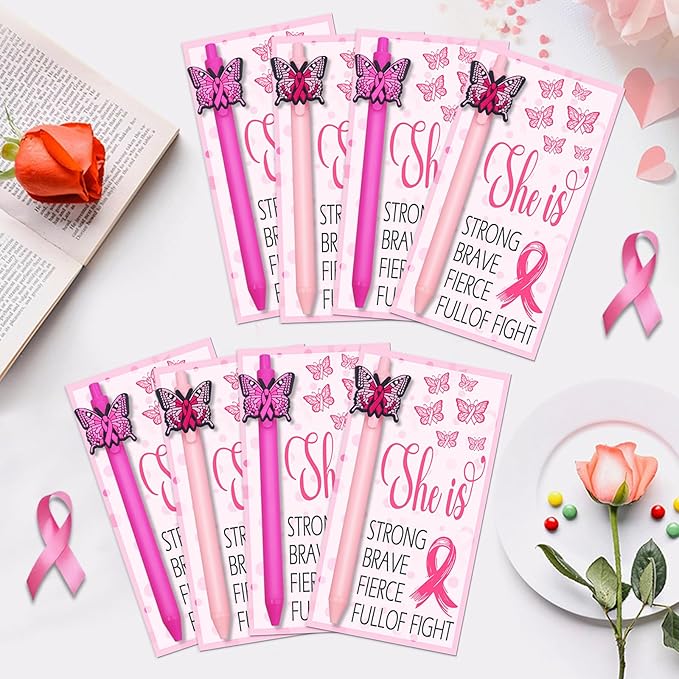 24Set Breast Cancer Awareness Pens with Encouragement Cards Cancer Ballpoint Pen with Inspirational Words Retractable Ink Point Pens for Women Nurses Day Public Event