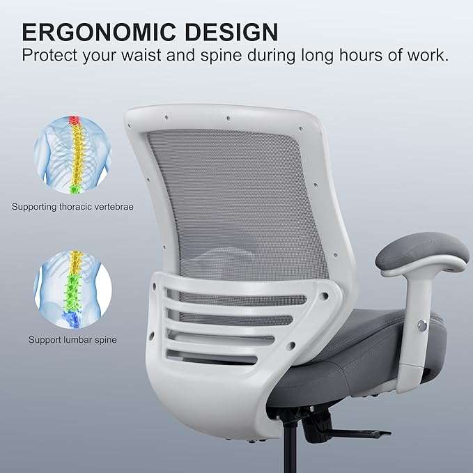 400lbs Double Seat Cushion Office Chair Soft Armrests Executive Ergonomic Computer Desk Chair with Lumbar Support (Grey Frame Grey Fabric)