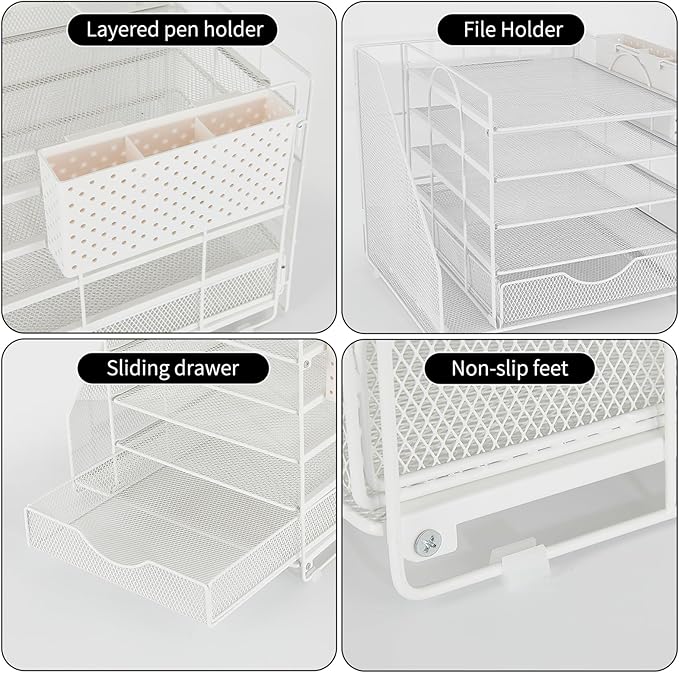 Desk Organizer with Drawer and Pen Holder, 5-Tier Paper Letter Tray Organizer with File Holder, Suitable for Workspace Organizer Office Supplies Storage (White)