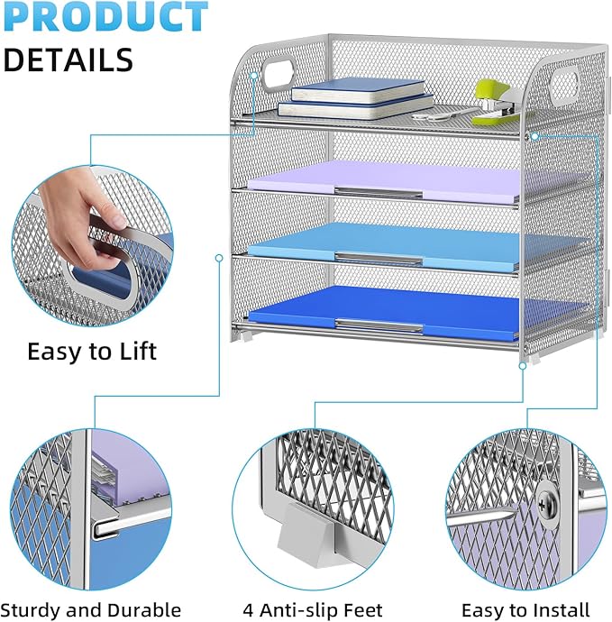 Marbrasse 4 Tier Paper Organizer Letter Tray - Mesh Desk File Organizer with Handle, Paper Sorter Organizer for Letter/A4 Office File Folder Holder (Silver, 12.6" x 9.1" x 10.7")