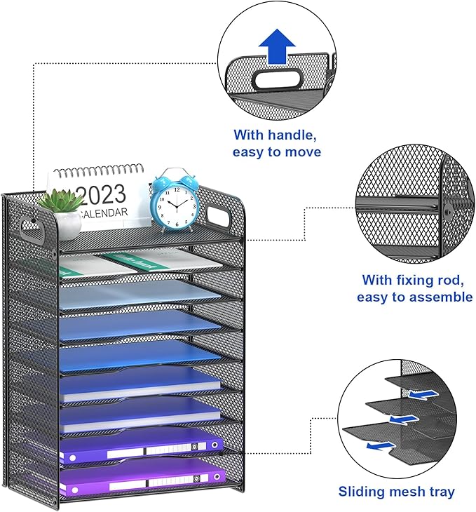 Samstar 9 Tier Desk Organizer, Mesh Paper Letter Tray File Rack Shelves Paper Sorter Storage with Handles, Black