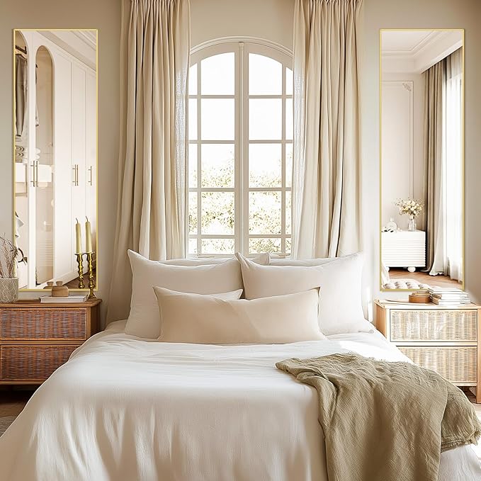 Full Length Mirror, 56"x18" Gold Floor Mirror with Stand, Rectangle Standing Mirror for Living Room Bedroom Cloakroom Gym, Thin Aluminum Frame, Tempered Glass